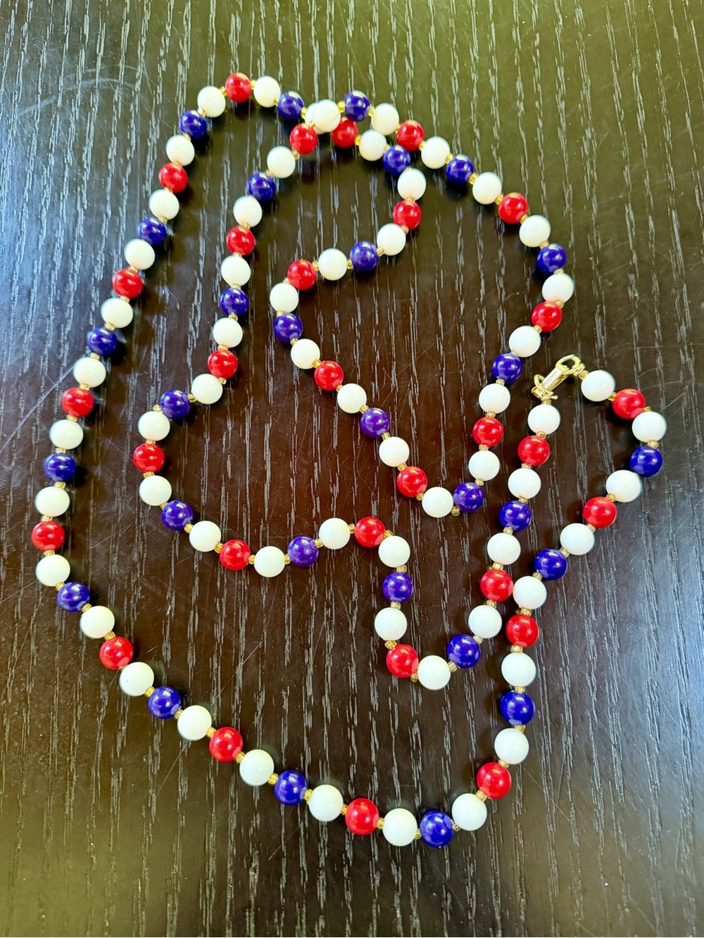 Vintage Beads Classic Red, White + Blue Necklace with Gold-tone Spacing Beads